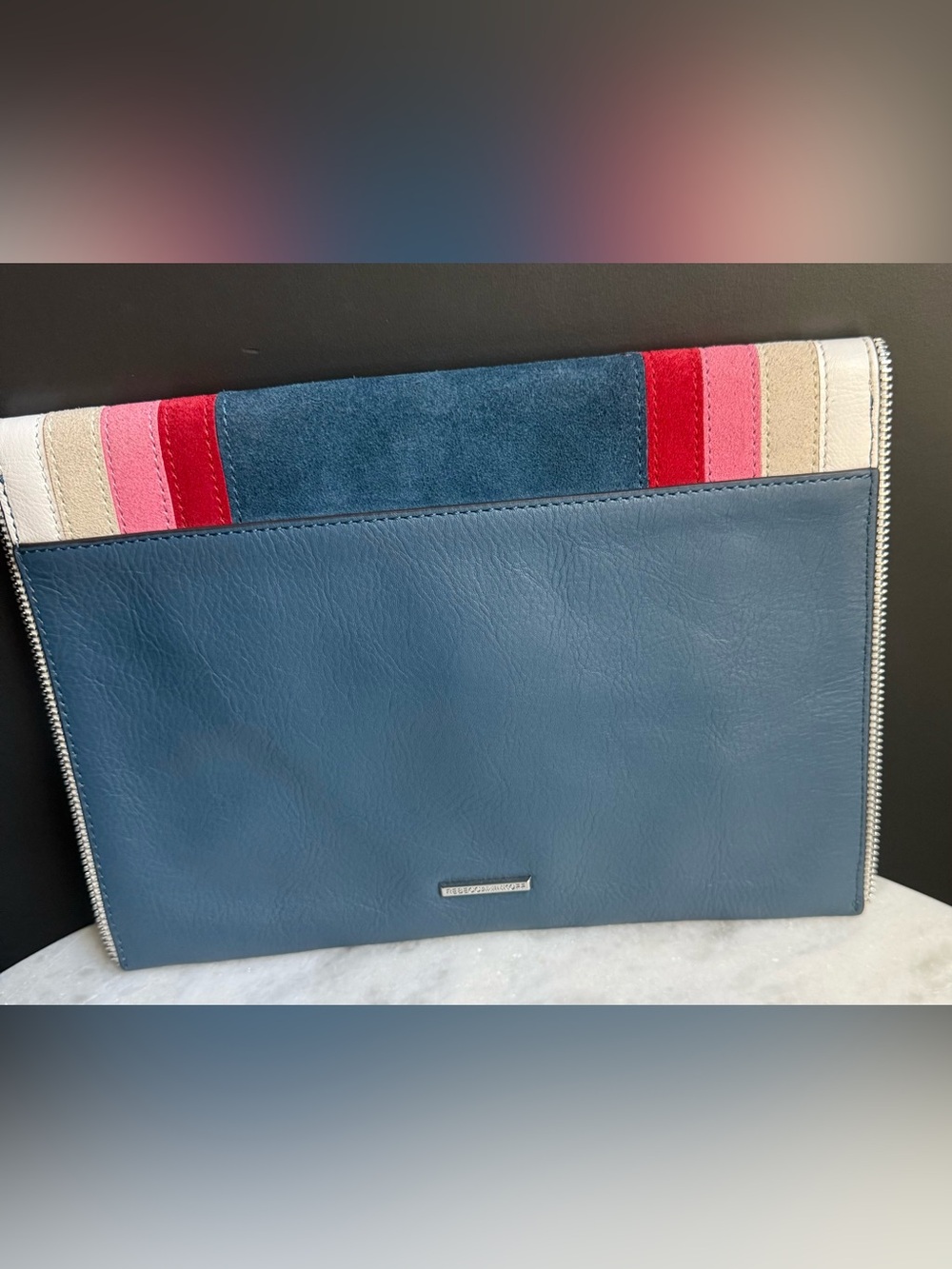 Rebecca Minkoff Chevron Suede Envelope Clutch in Navy, Red, Pink, Cream - Picture 6 of 11